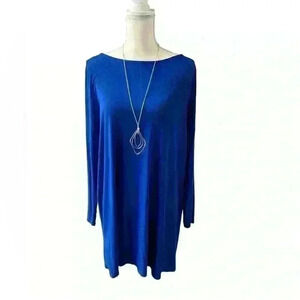 Eileen Fisher blue stretch jersey knit long sleeve dress w/side slits size XL